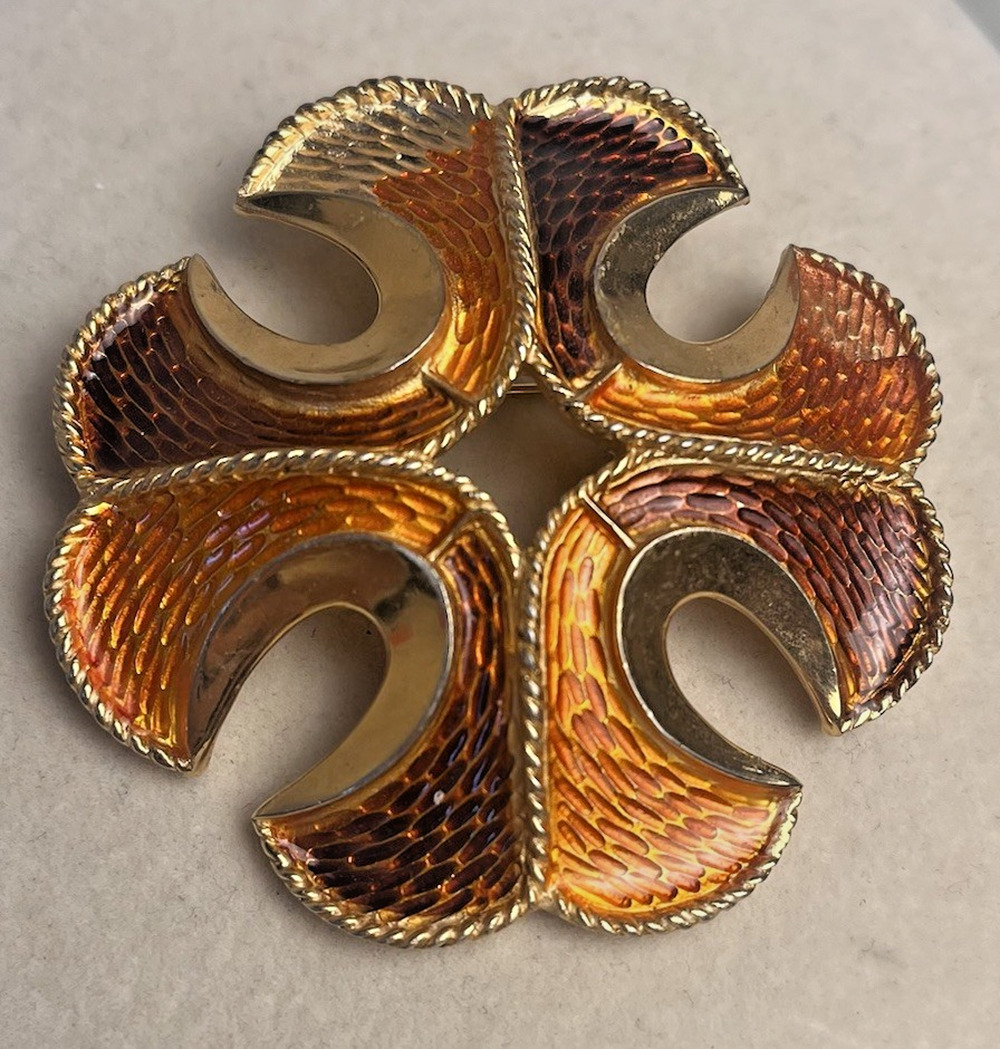 Crown Trifari Helradic Orange Enamel Maltese Cross Brooch Pin Crest Vintage 1960
